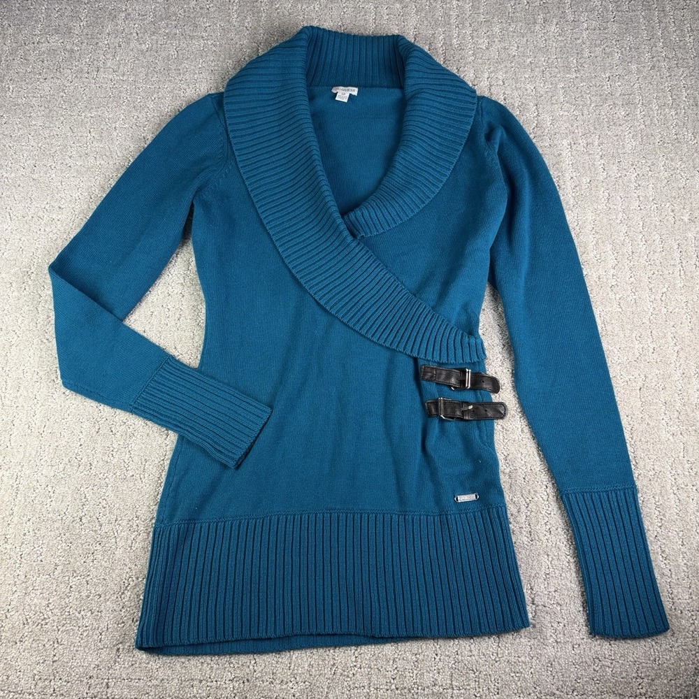 GUESS Vintage Y2K Teal Blue Cowl Shawl Neck Buckle Knit Sweater Tunic Small